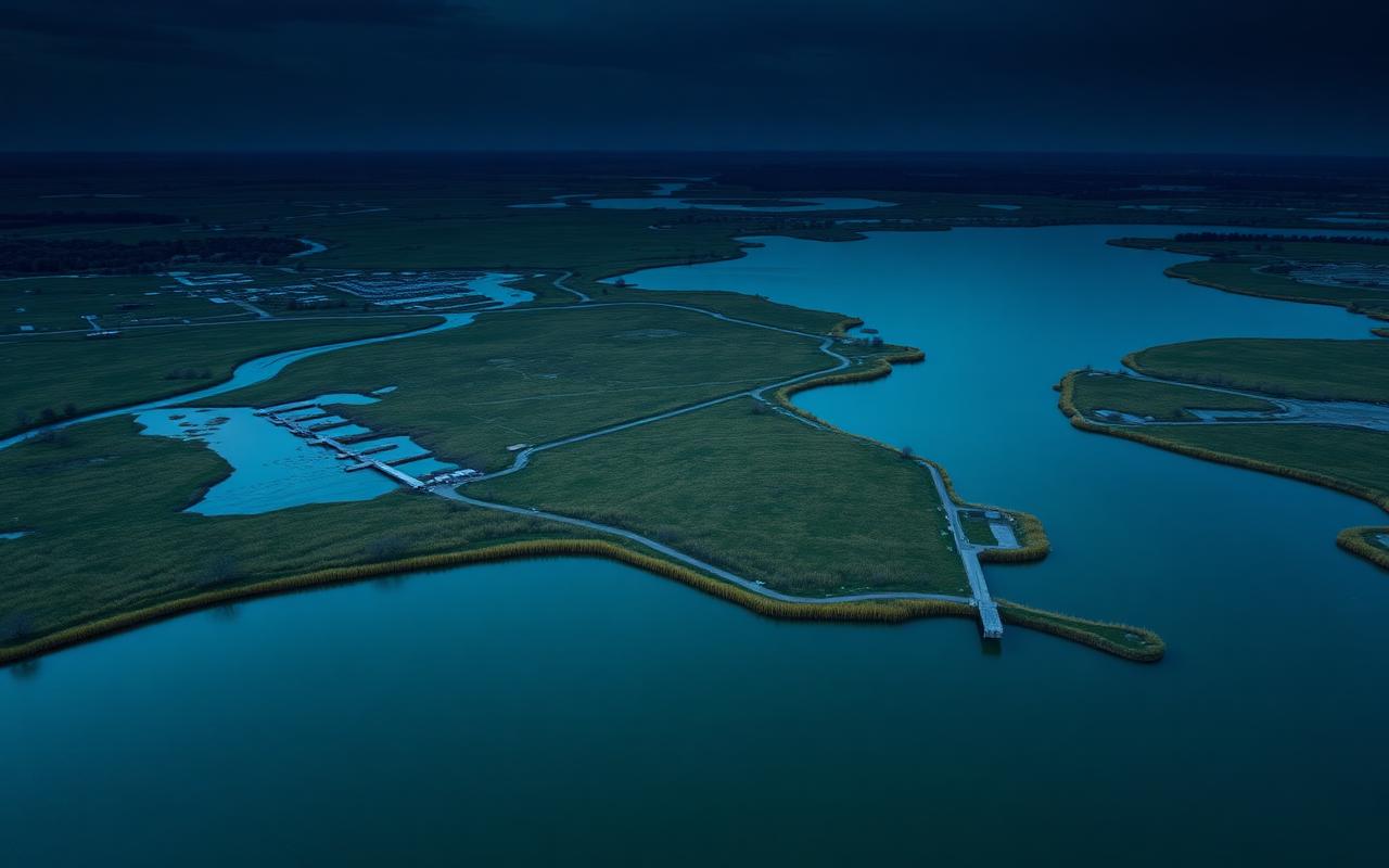 Aerial view of a reservoir with grass flats, creek arms, and a boat ramp